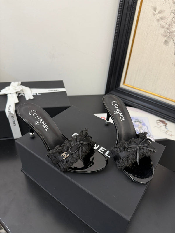 cc25 slide sandal 90mm ruffle bow heels black grosgrain canvas 233588