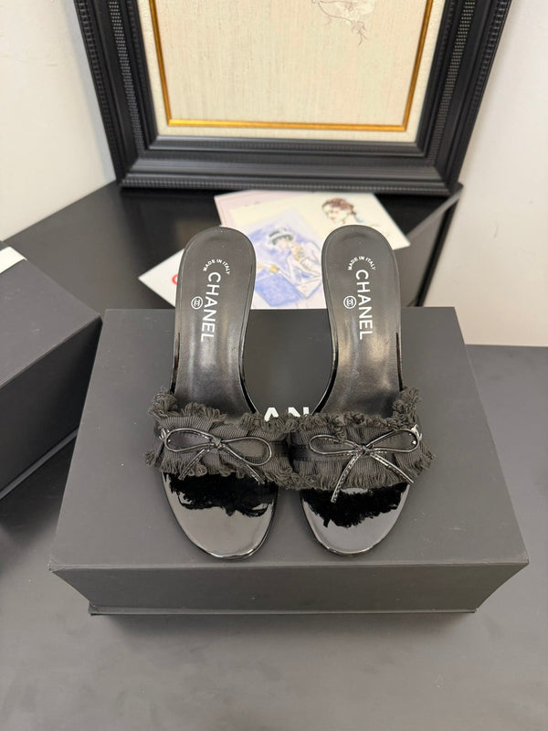 cc25 slide sandal 90mm ruffle bow heels black grosgrain canvas 233588