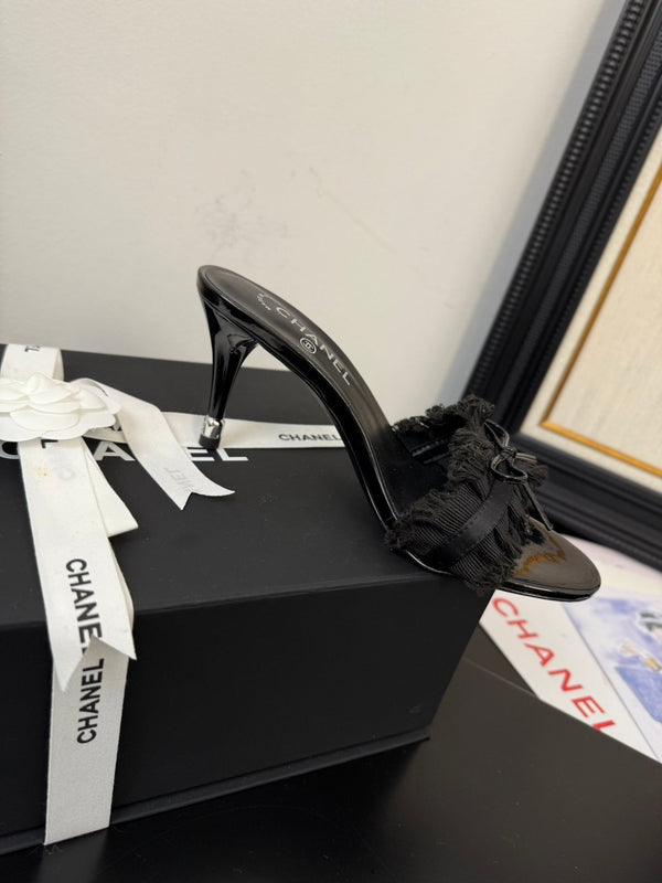 cc25 slide sandal 90mm ruffle bow heels black grosgrain canvas 233588