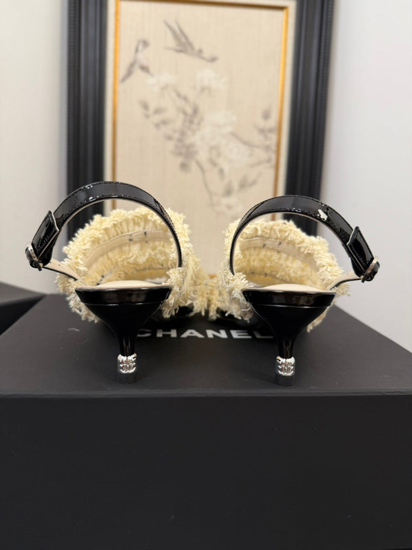 sandalo slingback cc25 ̣65mm fiocco nero grosgrain tela bianca 233589