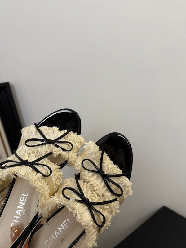 sandalo slingback cc25 ̣65mm fiocco nero grosgrain tela bianca 233589