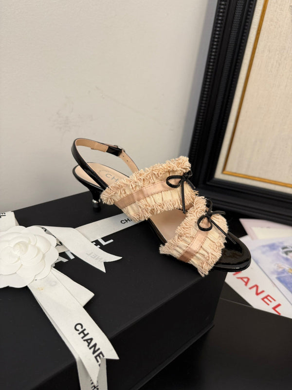 sandalo slingback cc25 ̣65mm fiocco nero grosgrain tela beige 233591