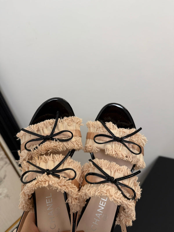 sandalo slingback cc25 ̣65mm fiocco nero grosgrain tela beige 233591