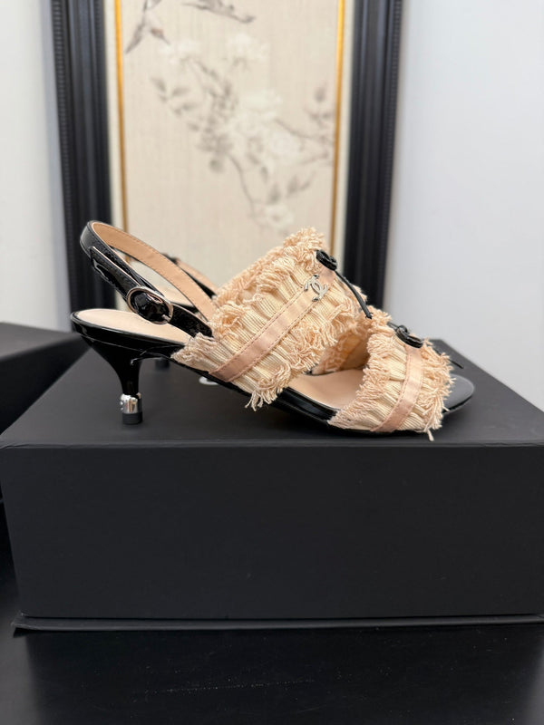 sandalo slingback cc25 ̣65mm fiocco nero grosgrain tela beige 233591