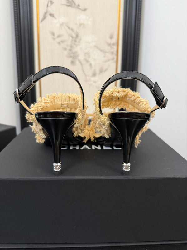 cc25 slingback sandal ̣90mm bow black grosgrain gold canvas 233594