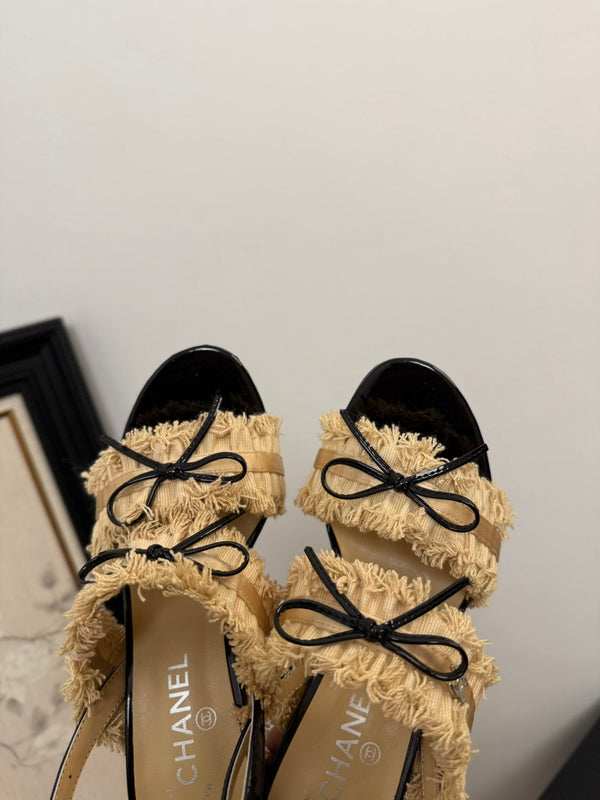 cc25 slingback sandal ̣90mm bow black grosgrain gold canvas 233594