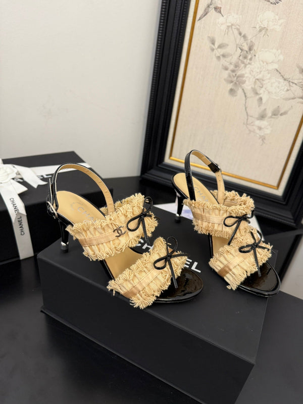 cc25 slingback sandal ̣90mm bow black grosgrain gold canvas 233594