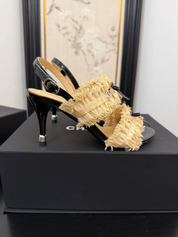 cc25 slingback sandal ̣90mm bow black grosgrain gold canvas 233594