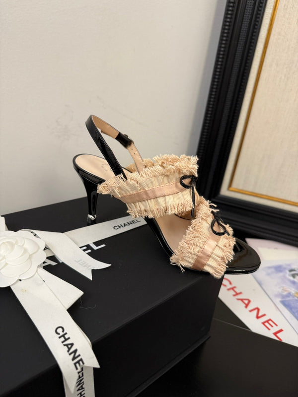 sandalo slingback cc25 ̣90mm fiocco nero grosgrain tela beige 233595