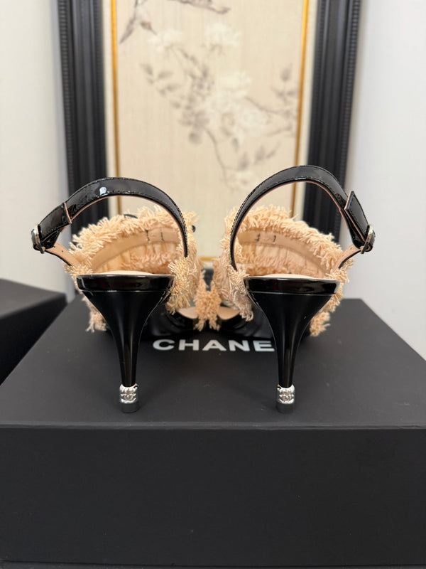 sandalo slingback cc25 ̣90mm fiocco nero grosgrain tela beige 233595