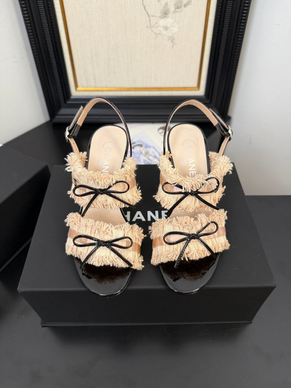 sandalo slingback cc25 ̣90mm fiocco nero grosgrain tela beige 233595