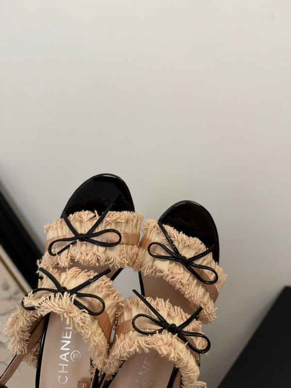 sandalo slingback cc25 ̣90mm fiocco nero grosgrain tela beige 233595