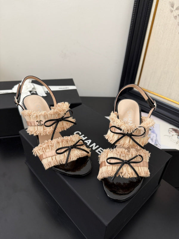 sandalo slingback cc25 ̣90mm fiocco nero grosgrain tela beige 233595