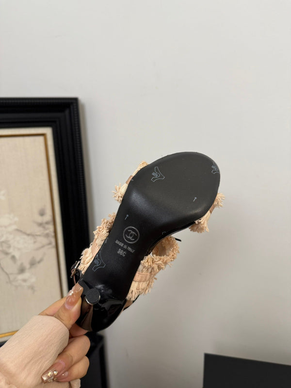 sandalo slingback cc25 ̣90mm fiocco nero grosgrain tela beige 233595