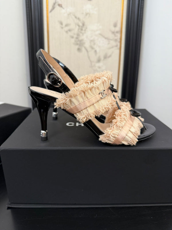 sandalo slingback cc25 ̣90mm fiocco nero grosgrain tela beige 233595