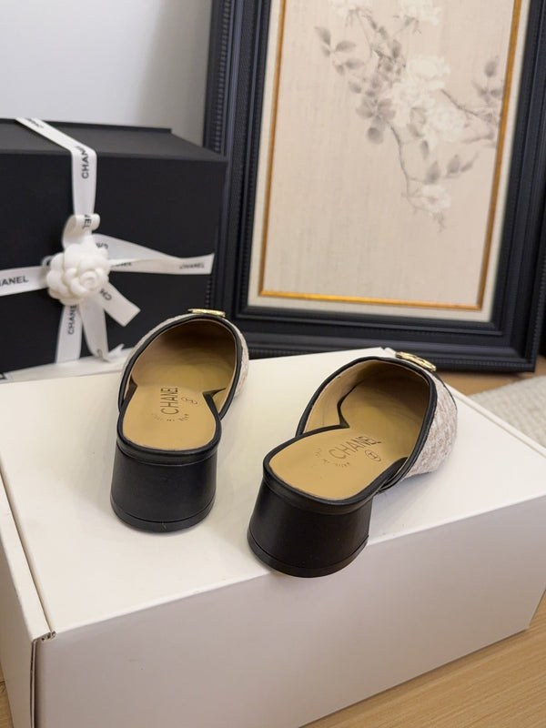 CC 25 Mule 40mm White Brown Fabric Black Grosgrain 277723