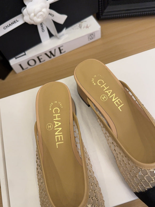 CC 25 Mule 40mm Beige Mesh Beige Sheepskin Black Grosgrain 277724