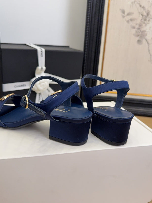 CC 25 High Heels 40 Sandals Navy Blue Satin And Sheepskin Square Toe 277711