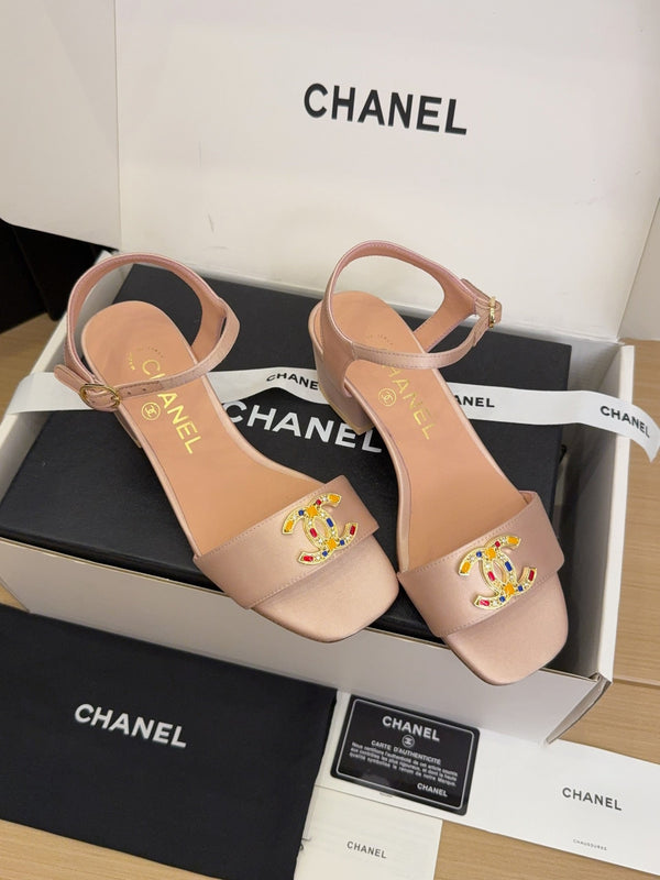 CC 25 High Heels 40 Sandals Salmon Satin And Sheepskin Square Toe 277712