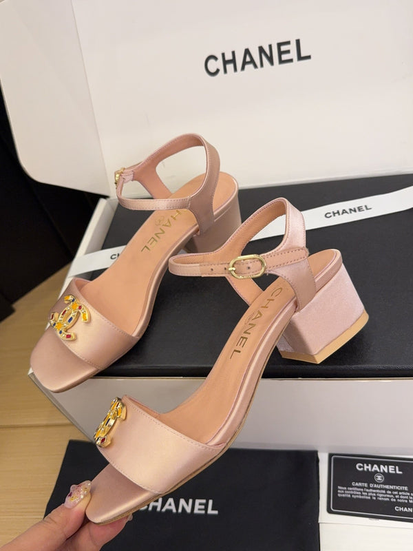 CC 25 High Heels 40 Sandals Salmon Satin And Sheepskin Square Toe 277712