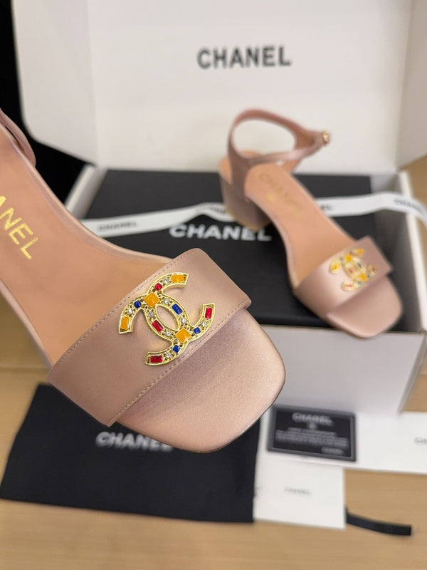 CC 25 High Heels 40 Sandals Salmon Satin And Sheepskin Square Toe 277712