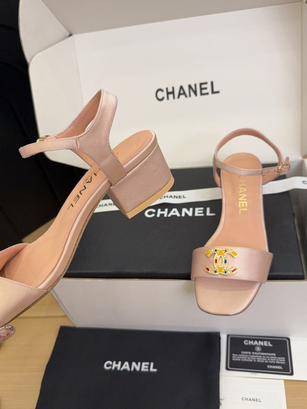 CC 25 High Heels 40 Sandals Salmon Satin And Sheepskin Square Toe 277712