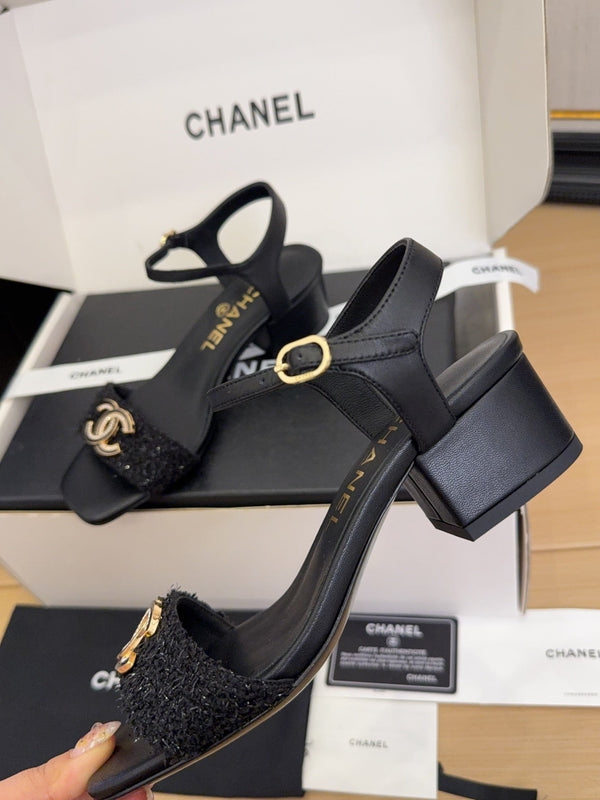 CC 25 High Heels 40 Sandals Black Fabric And Sheepskin Square Toe 277713