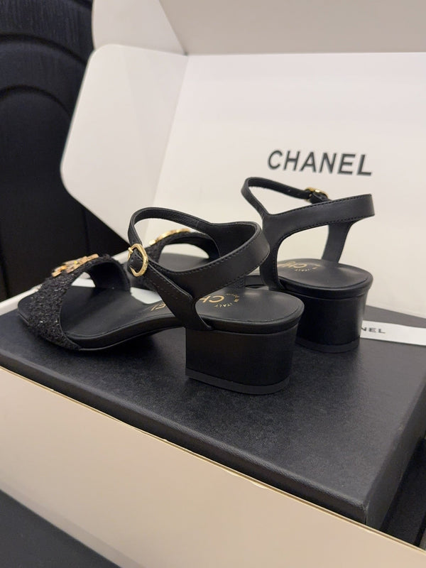 CC 25 High Heels 40 Sandals Black Fabric And Sheepskin Square Toe 277713