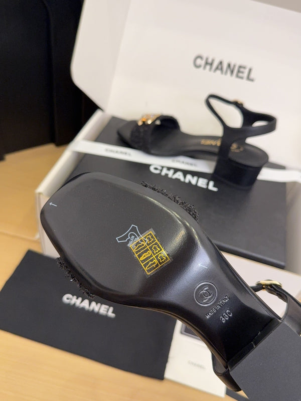 CC 25 High Heels 40 Sandals Black Fabric And Sheepskin Square Toe 277713