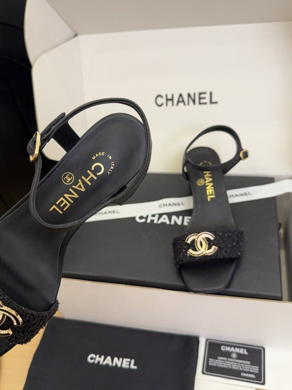 CC 25 High Heels 40 Sandals Black Fabric And Sheepskin Square Toe 277713