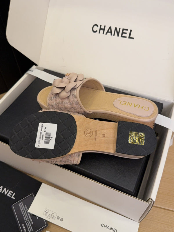 CC 25 Camellia Mule 40 Pink Tweed And Beige Leather 277717