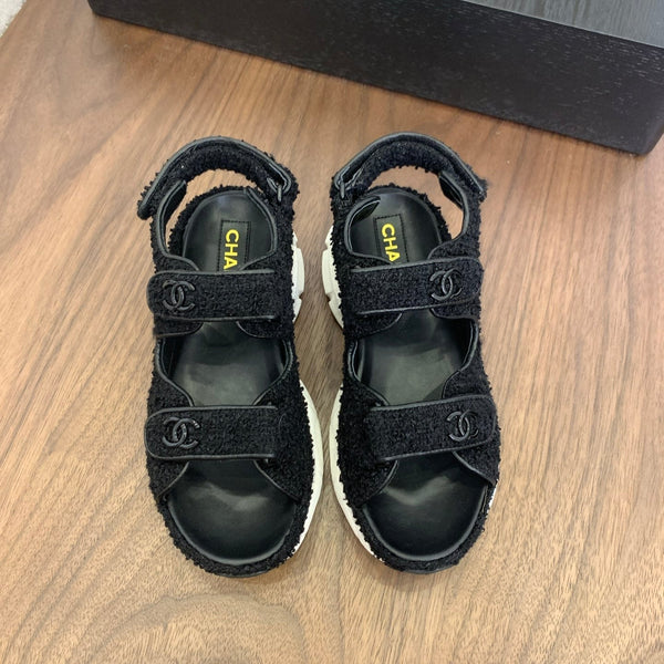 CC Toe Sandals Black Tweed Mix Leather 299540