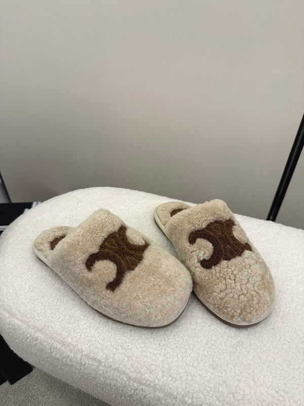 CL Elena Mule in Shearling 10mm Beige Brown Wool 435859