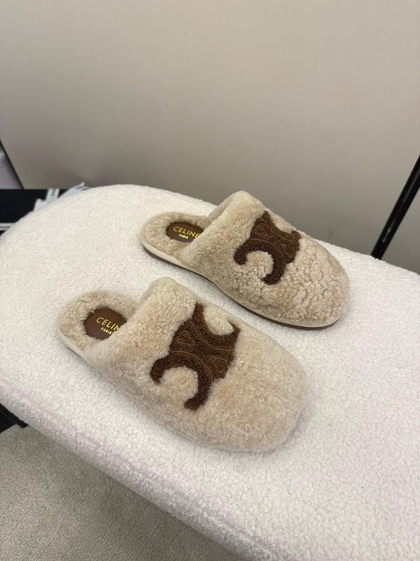 CL Elena Mule in Shearling 10mm Beige Brown Wool 435859