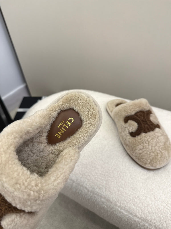 CL Elena Mule in Shearling 10mm Beige Brown Wool 435859