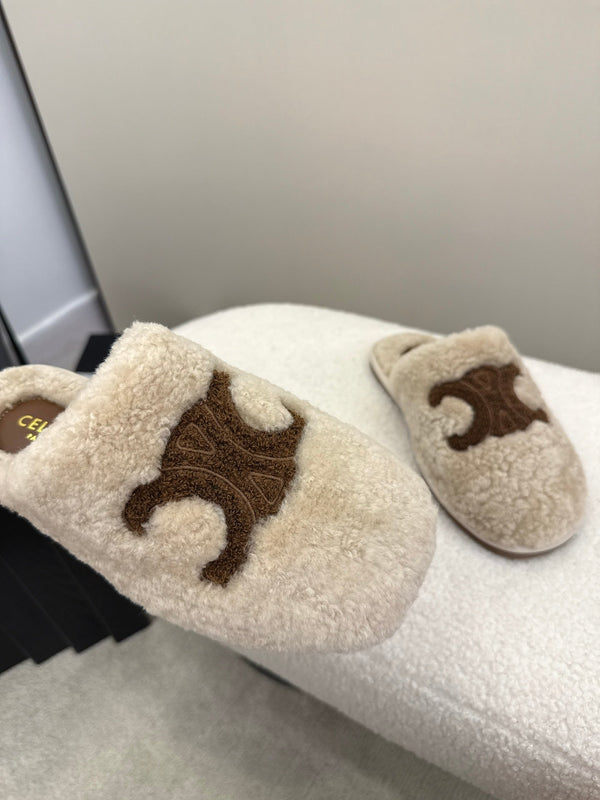 CL Elena Mule in Shearling 10mm Beige Brown Wool 435859