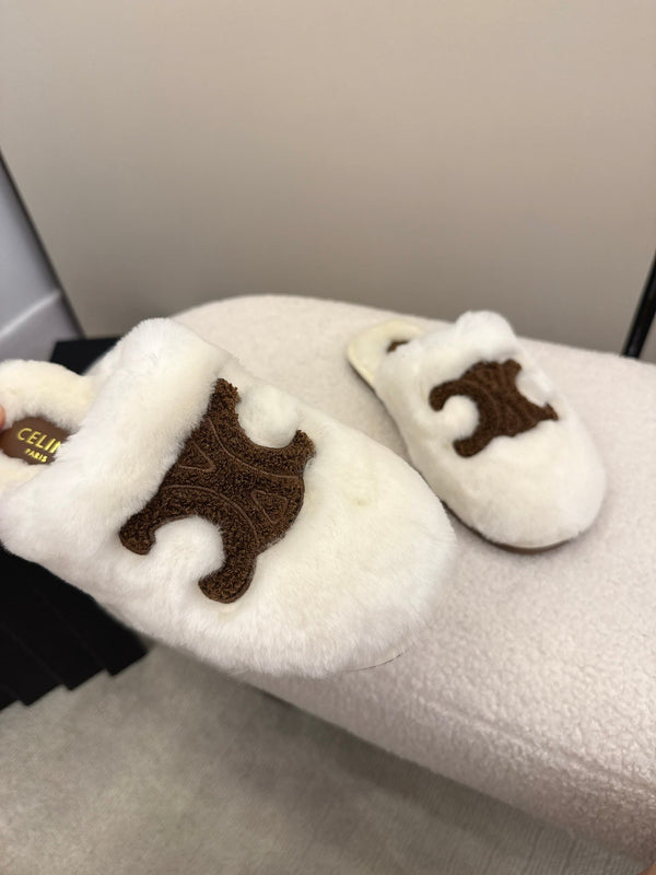 CL Elena Mule in Shearling 10mm White Brown Wool 435860