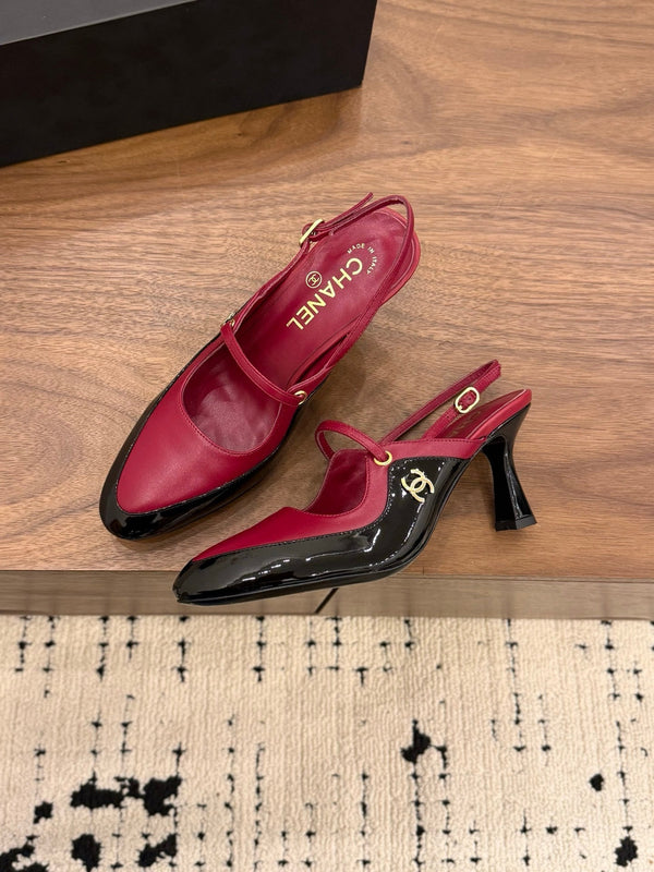 CC 26FW Slingback 7.5cm Black Burgundy Lambskin Patent Leather 676113