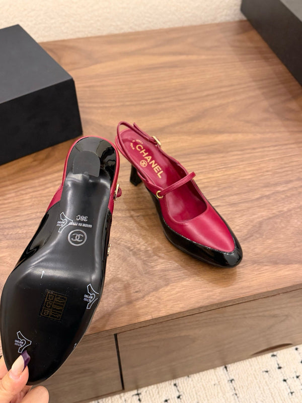 CC 26FW Slingback 7.5cm Black Burgundy Lambskin Patent Leather 676113