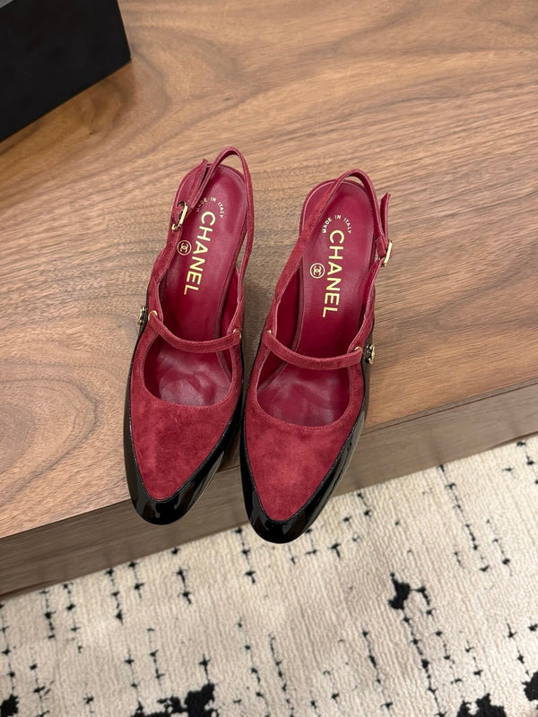 CC 26FW Slingback 7.5cm Red Black Suede Patent Leather 676119