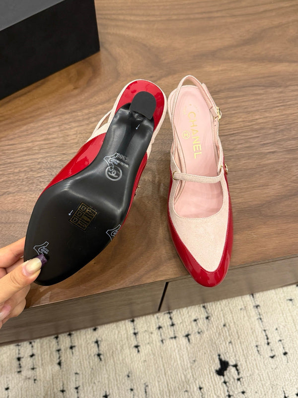 CC 26FW Slingback 7.5cm Pink Red Suede Patent Leather 676122