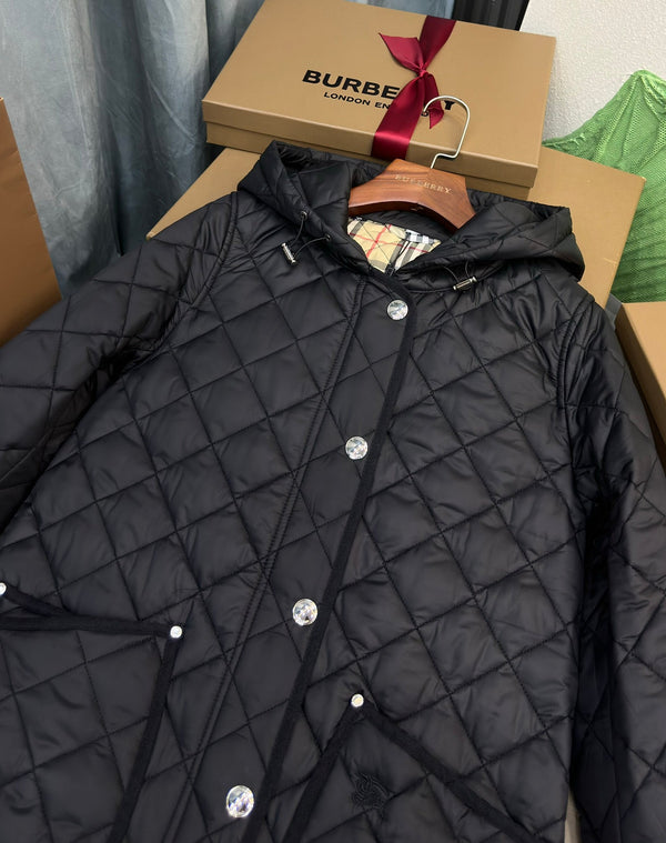 Burberry 25 Quilted Hooded Long Coat Black Polyester Cotton