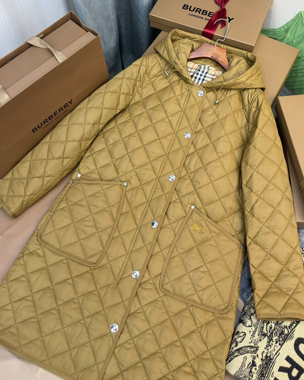 Burberry 25 Quilted Hooded Long Coat Yellow Polyester Cotton