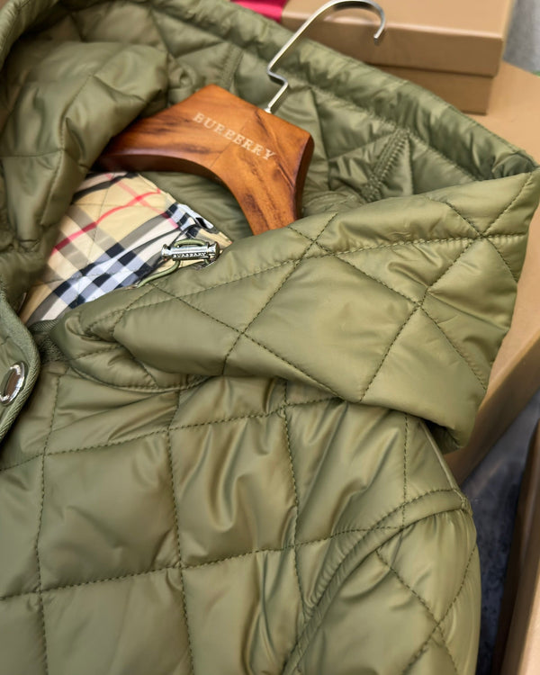 Burberry 25 Quilted Hooded Long Coat Green Polyester Cotton