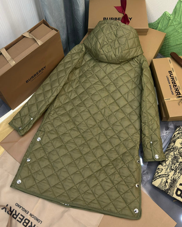 Burberry 25 Quilted Hooded Long Coat Green Polyester Cotton