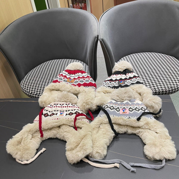 CAPPELLO PARAORECCHIE IN PELUCHE DI LANA COLORATA E PELLICCIA DI CONIGLIO 408170