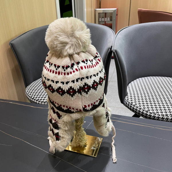 CAPPELLO PARAORECCHIE IN PELUCHE DI LANA COLORATA E PELLICCIA DI CONIGLIO 408170