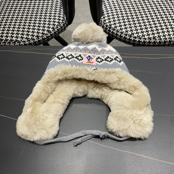 CAPPELLO PARAORECCHIE IN PELUCHE DI LANA COLORATA E PELLICCIA DI CONIGLIO 408172