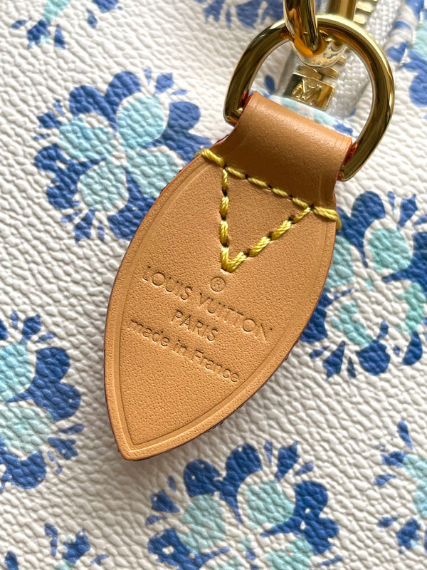 SPEEDY BANDOULIÈRE 20 IN TELA CON PIASTRELLE MONOGRAM BLU LAGUNA E FIBBIA ORO