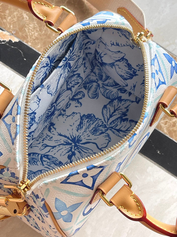 SPEEDY BANDOULIÈRE 20 IN TELA CON PIASTRELLE MONOGRAM BLU LAGUNA E FIBBIA ORO